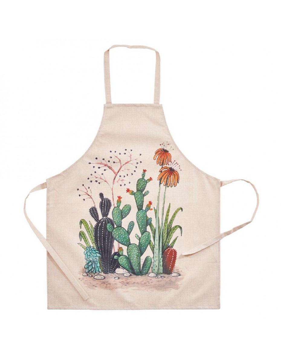 Fashion Cotton Linen Cactus Printed Apron Adult Kitchen Pinafore